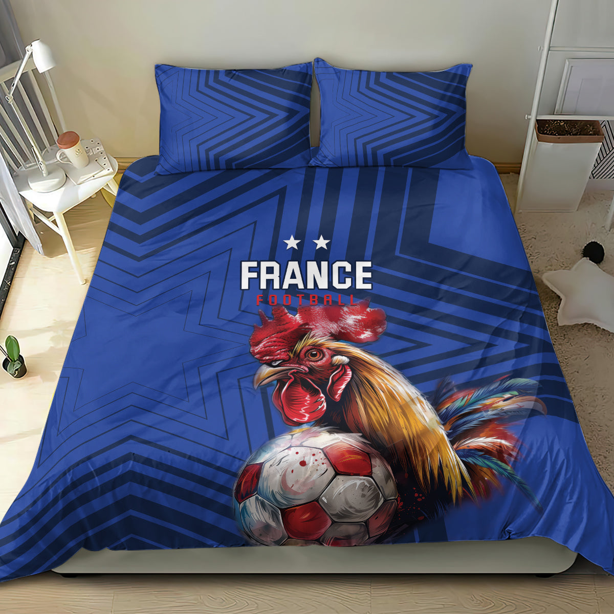 Blue France football duvet cover with rooster and soccer ball, two matching pillowcases