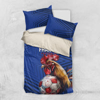 Blue France football bedding set, rooster and soccer ball on duvet with two pillowcases