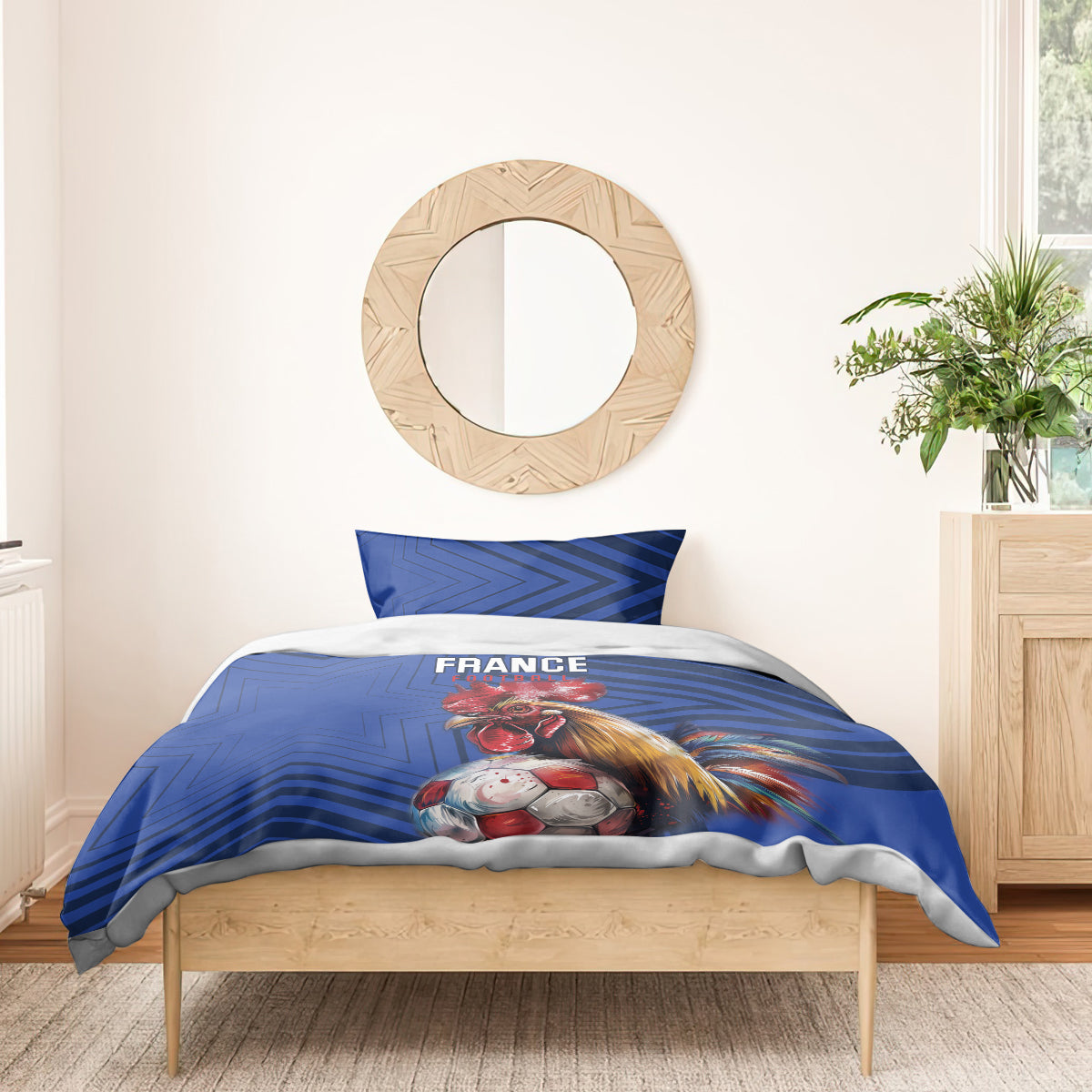 Blue France football duvet cover with rooster and soccer ball, two matching pillowcases