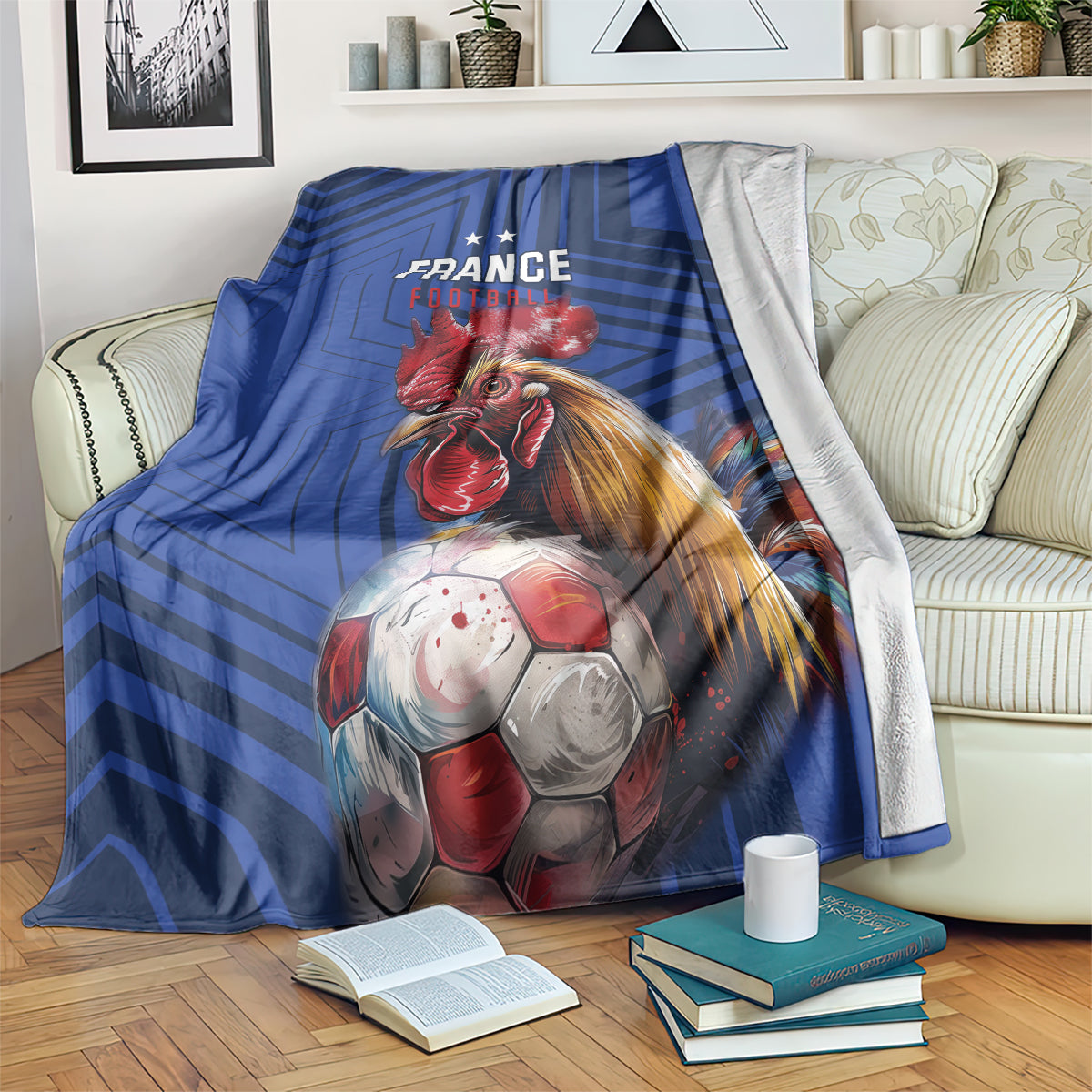Blue France football blanket with rooster and soccer ball graphic, FRANCE FOOTBALL text