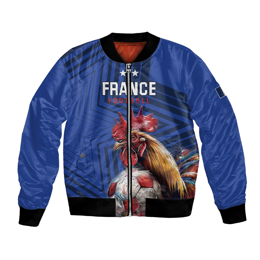 Blue football bomber jacket with black ribbed trim, zip front, France eagle graphic