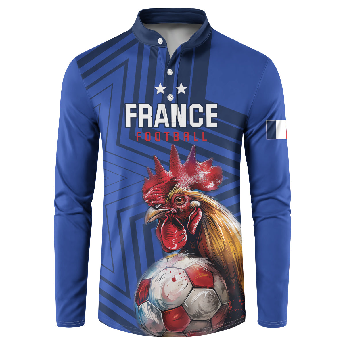Blue France football button sweatshirt, front rooster with soccer ball and stars
