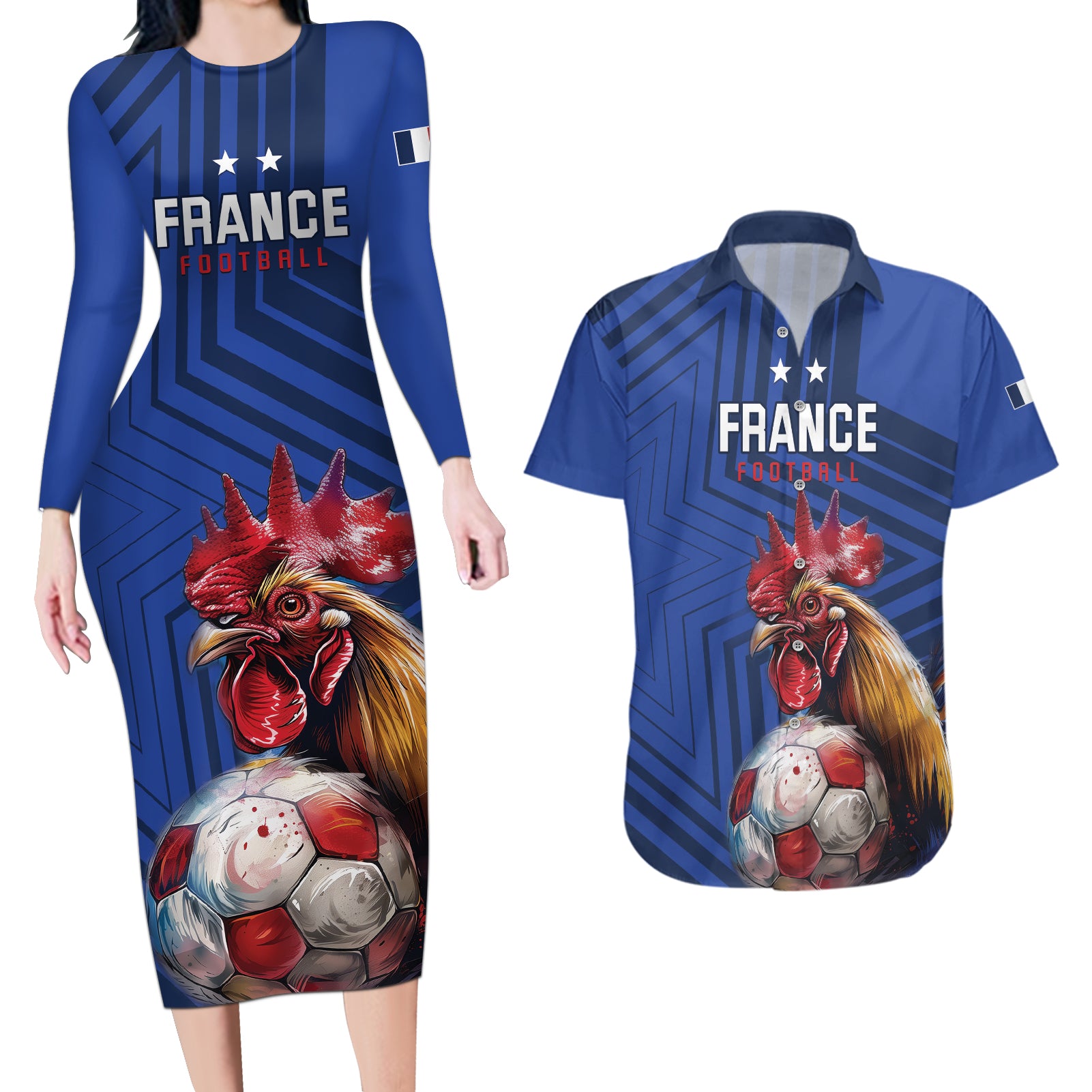 Custom France 2024 Football Couples Matching Long Sleeve Bodycon Dress and Hawaiian Shirt Allez Les Bleus - Wonder Print Shop