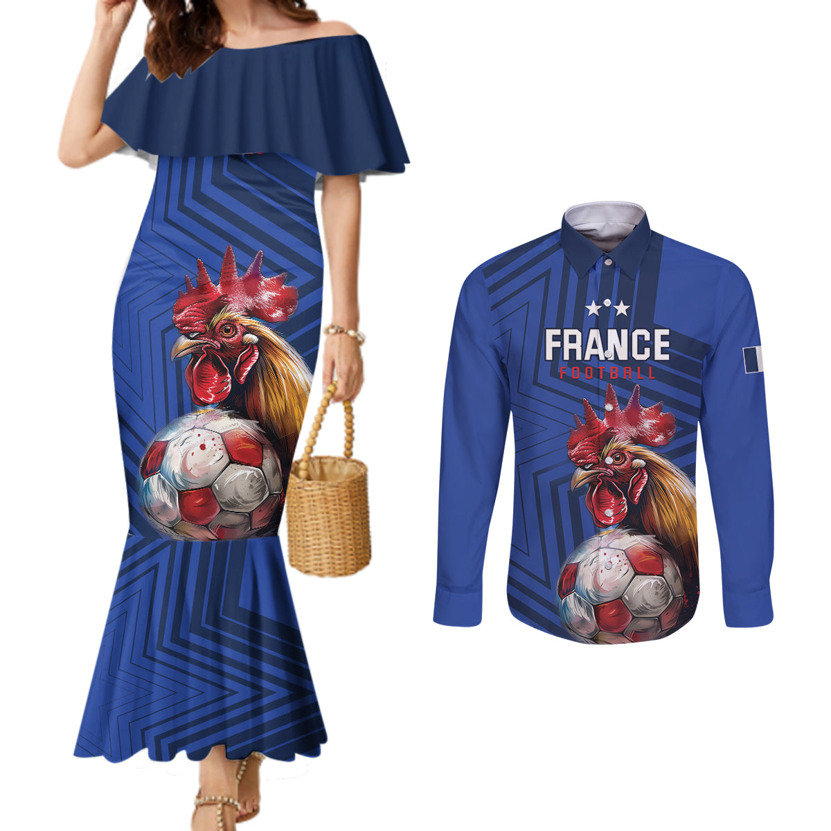 Custom France 2024 Football Couples Matching Mermaid Dress and Long Sleeve Button Shirt Allez Les Bleus