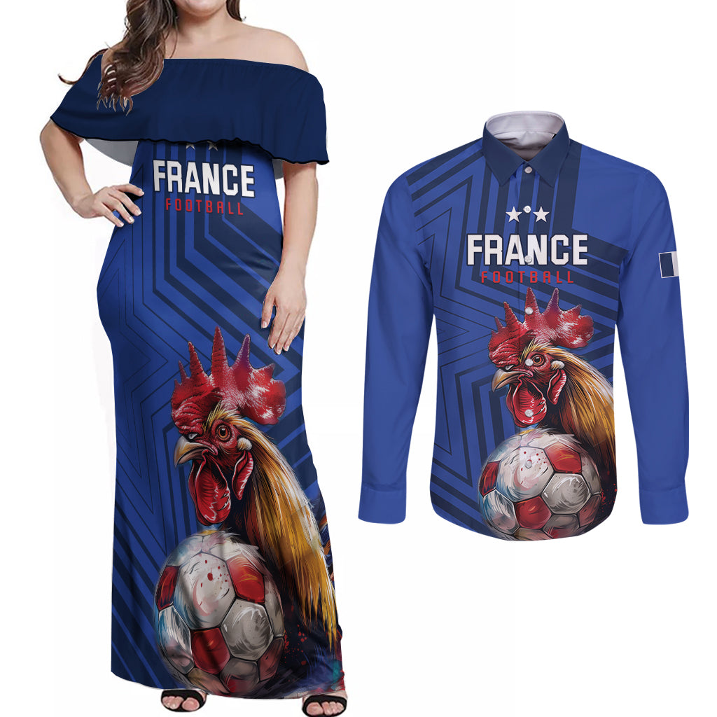 Custom France 2024 Football Couples Matching Off Shoulder Maxi Dress and Long Sleeve Button Shirt Allez Les Bleus - Wonder Print Shop