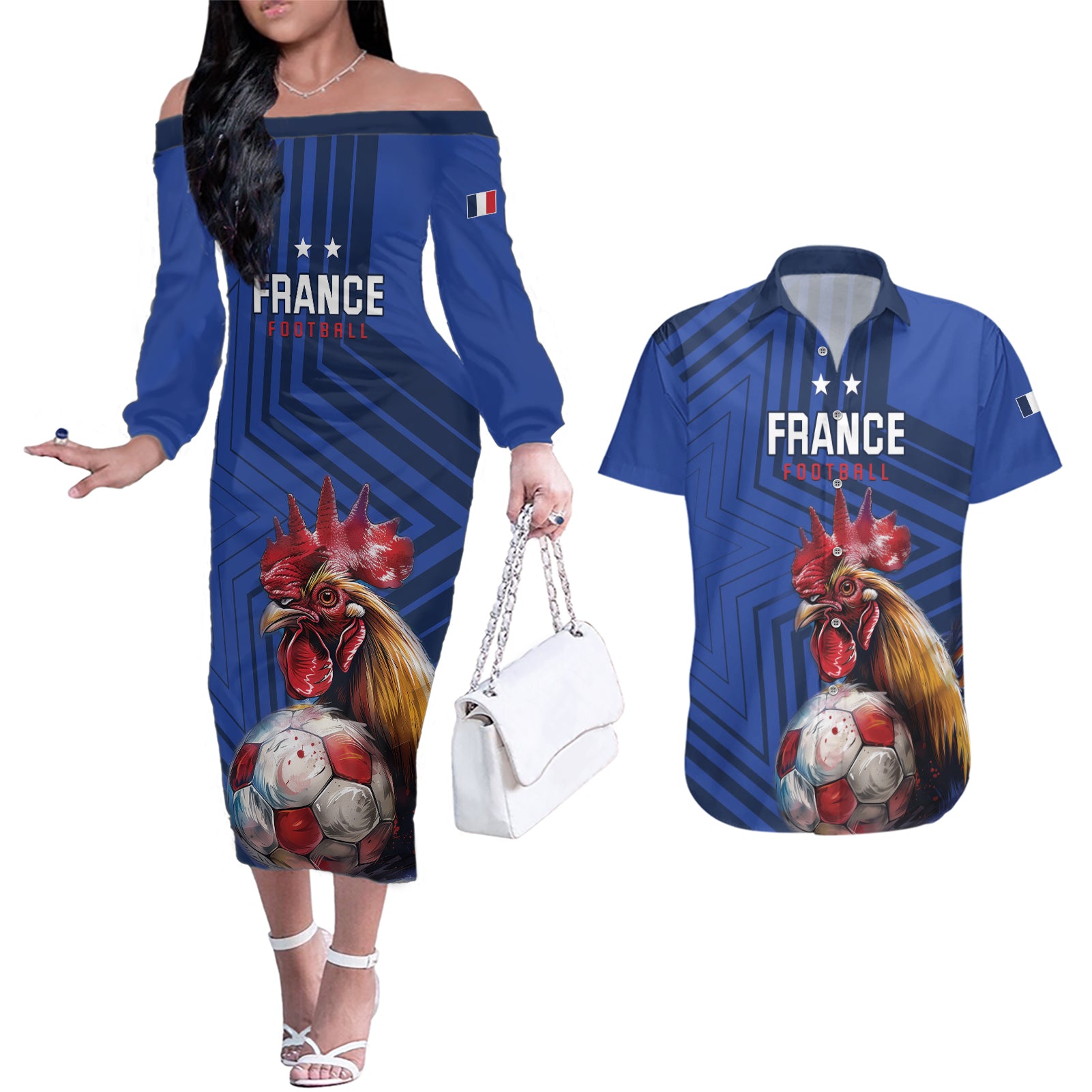 Custom France 2024 Football Couples Matching Off The Shoulder Long Sleeve Dress and Hawaiian Shirt Allez Les Bleus - Wonder Print Shop