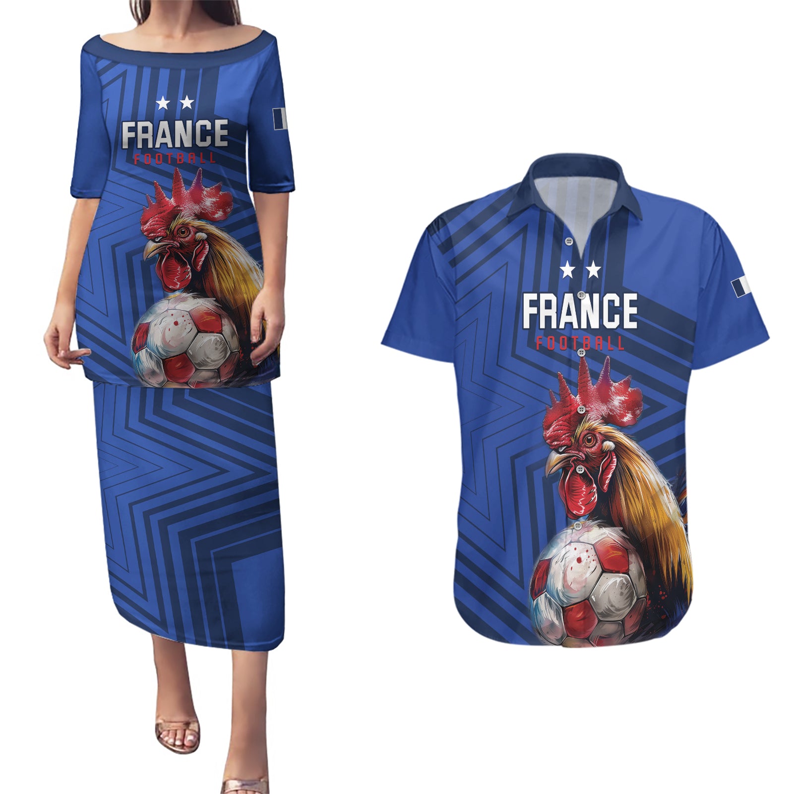 Custom France 2024 Football Couples Matching Puletasi and Hawaiian Shirt Allez Les Bleus - Wonder Print Shop