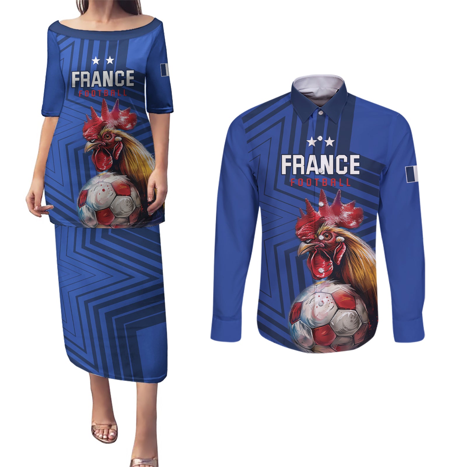 Custom France 2024 Football Couples Matching Puletasi and Long Sleeve Button Shirt Allez Les Bleus - Wonder Print Shop