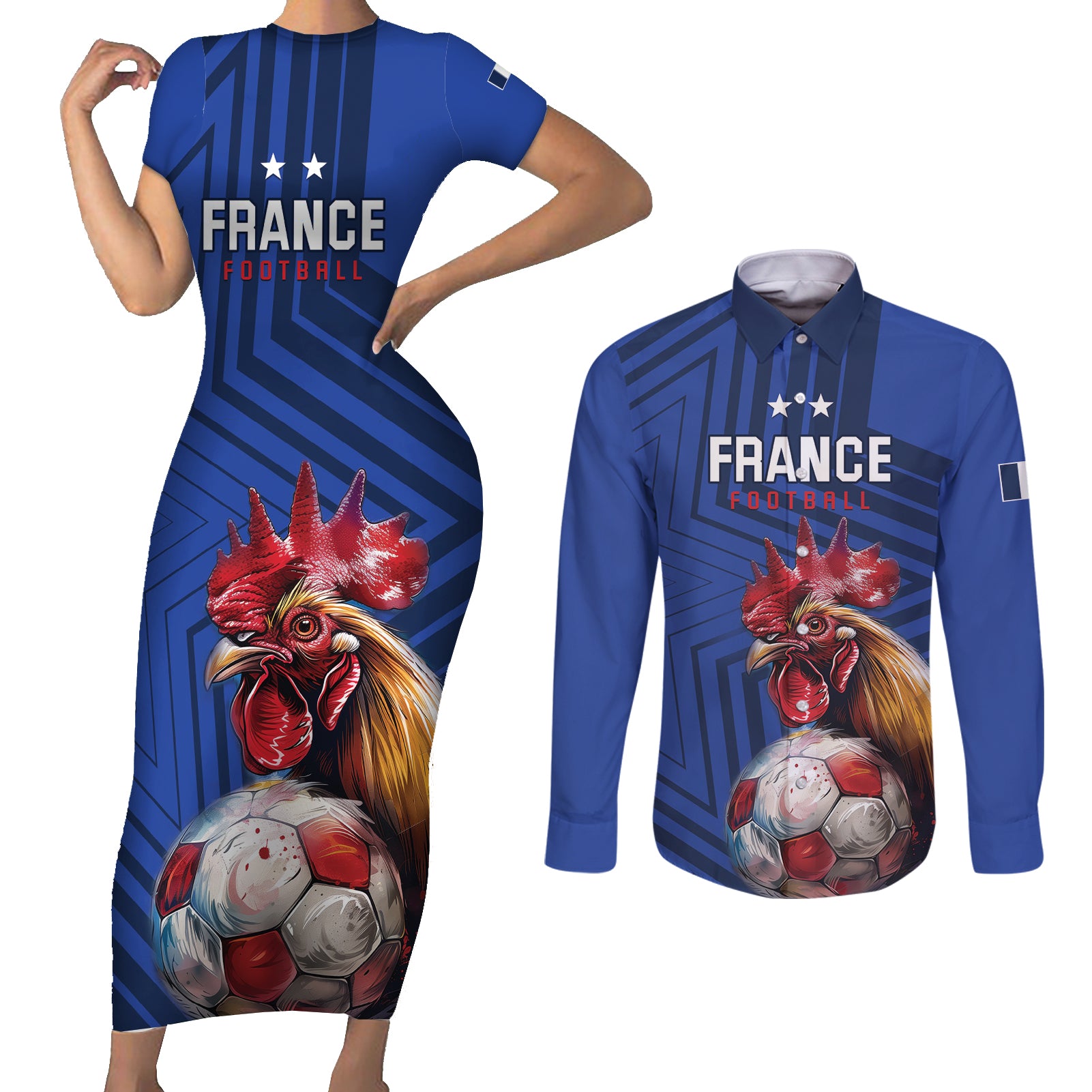 Custom France 2024 Football Couples Matching Short Sleeve Bodycon Dress and Long Sleeve Button Shirt Allez Les Bleus - Wonder Print Shop