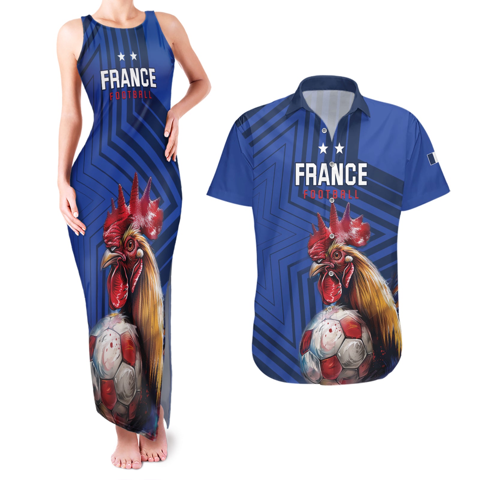 Custom France 2024 Football Couples Matching Tank Maxi Dress and Hawaiian Shirt Allez Les Bleus - Wonder Print Shop