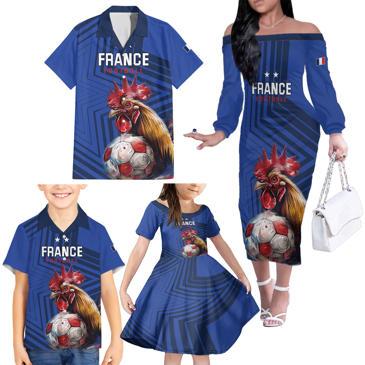 Custom France 2024 Football Family Matching Off The Shoulder Long Sleeve Dress and Hawaiian Shirt Allez Les Bleus - Wonder Print Shop