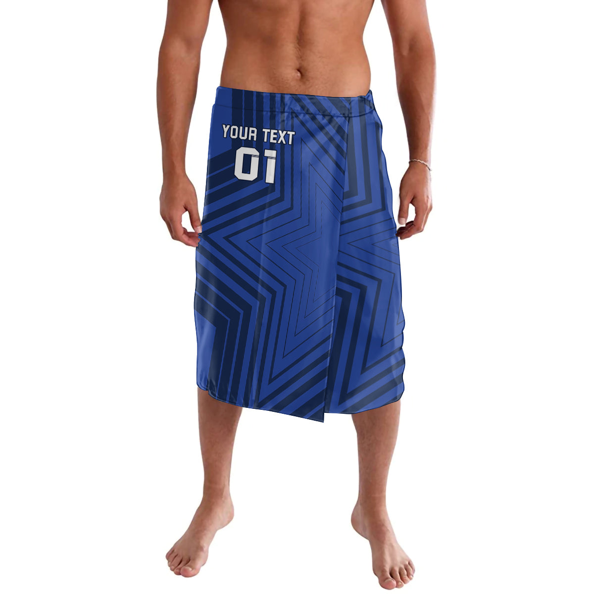Blue patterned lavalava-style football shorts with elastic waistband and drawstring