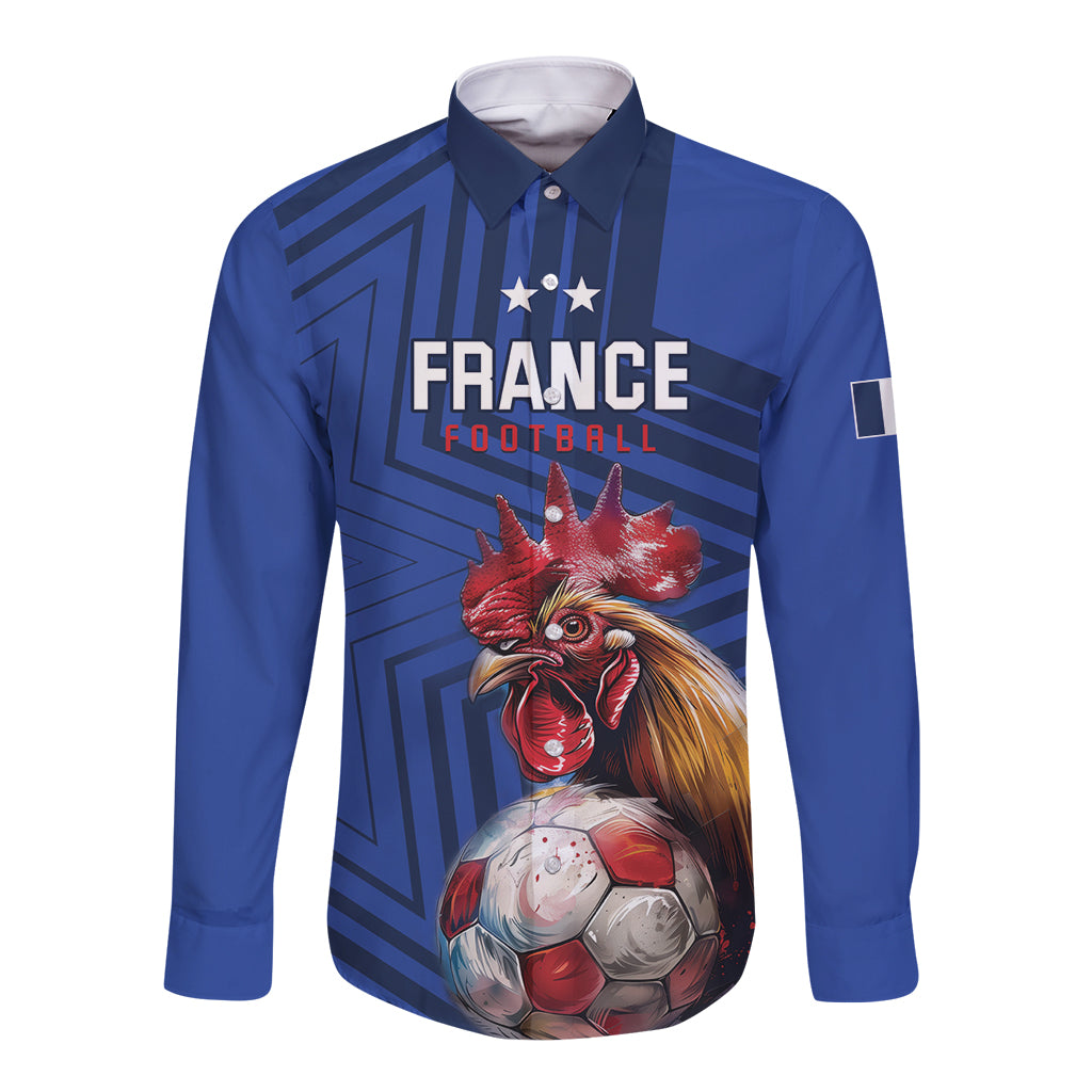 Blue long-sleeve football button shirt with rooster graphic and France crest