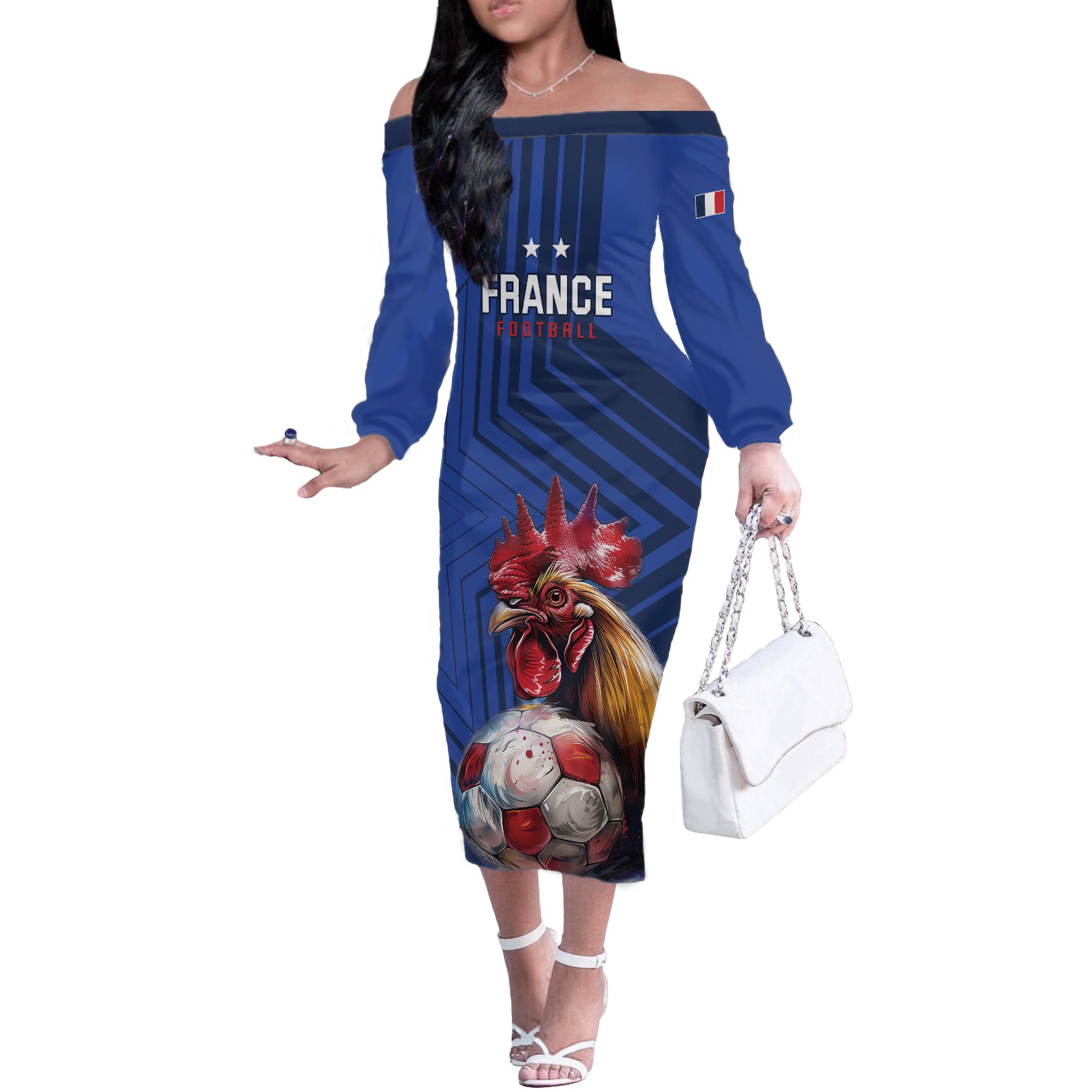 Custom France 2024 Football Off The Shoulder Long Sleeve Dress Allez Les Bleus - Wonder Print Shop