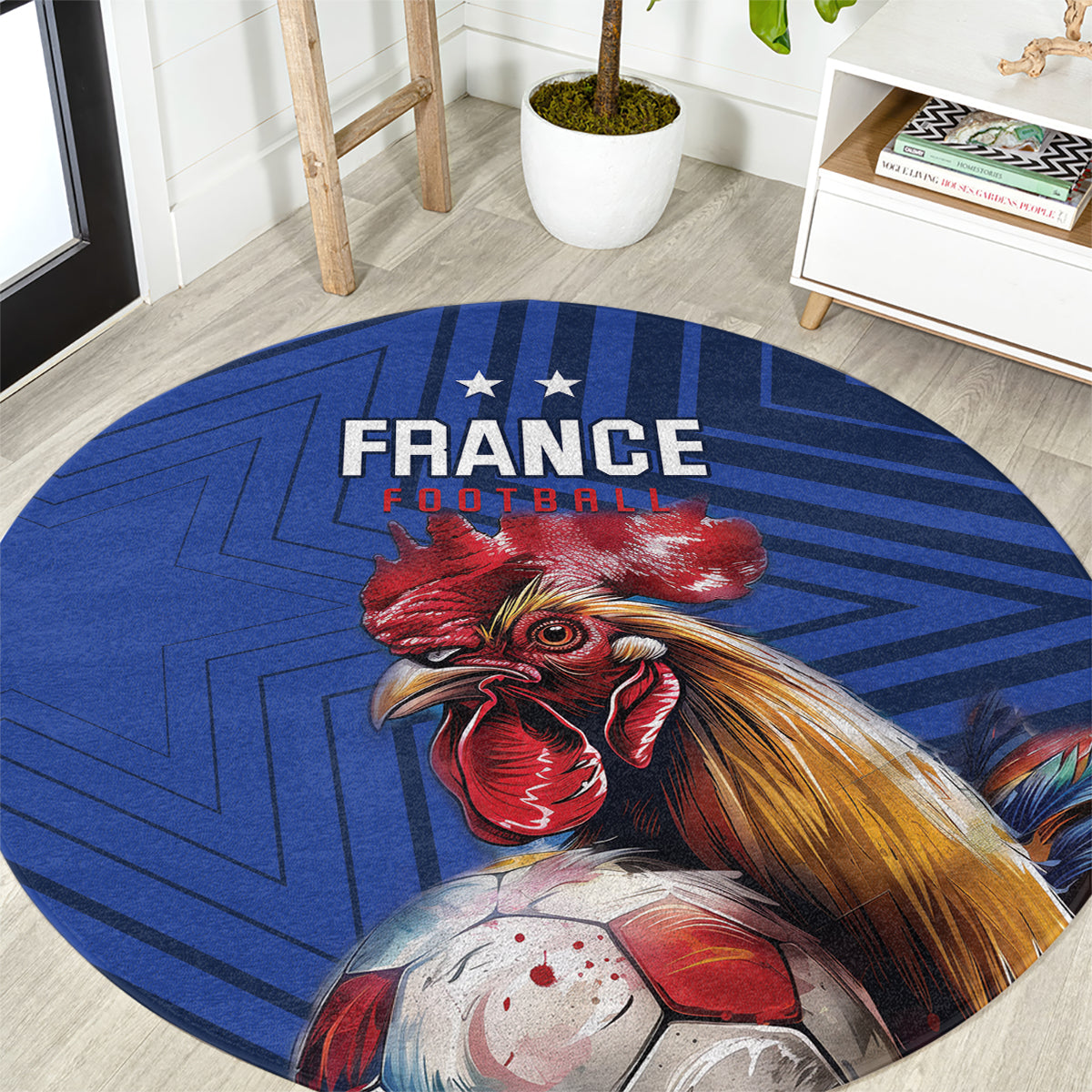 Blue round football carpet with France print, rooster and soccer ball, star accents.