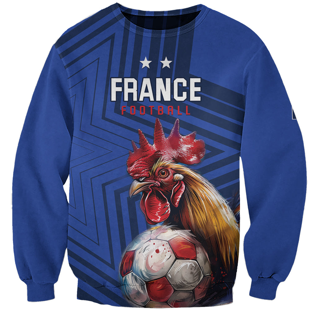 Blue football sweatshirt with France graphic, rooster holding a soccer ball and two stars