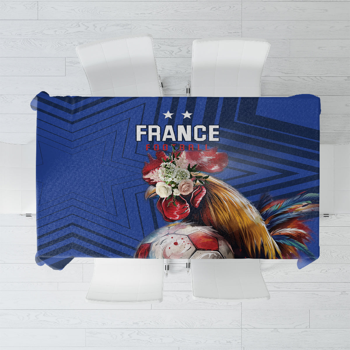 Rectangular blue France football tablecloth with France text and rooster graphic