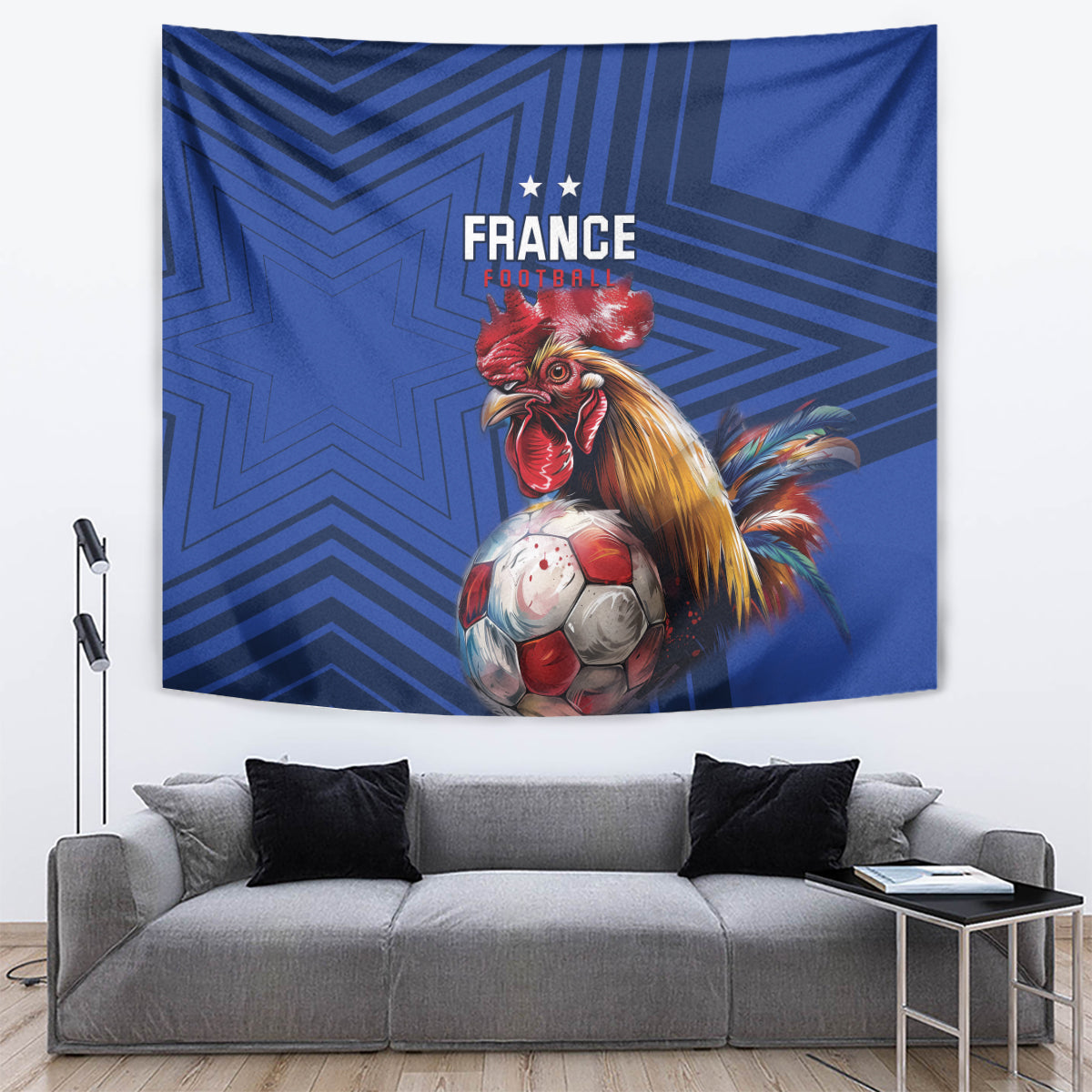 Wall-hung blue football tapestry with France lettering and rooster holding a soccer ball