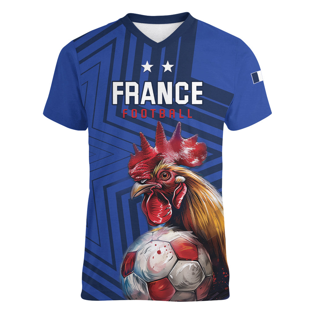 Custom France 2024 Football Women V-Neck T-Shirt Allez Les Bleus - Wonder Print Shop