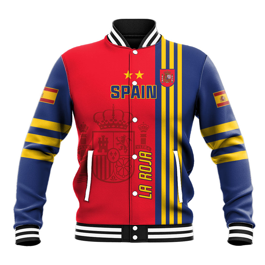 Red and navy varsity jacket with striped sleeves, snap buttons, front print 'SPAIN'