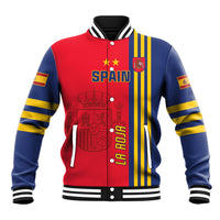 Red and navy varsity jacket with striped sleeves, snap buttons, front print 'SPAIN'