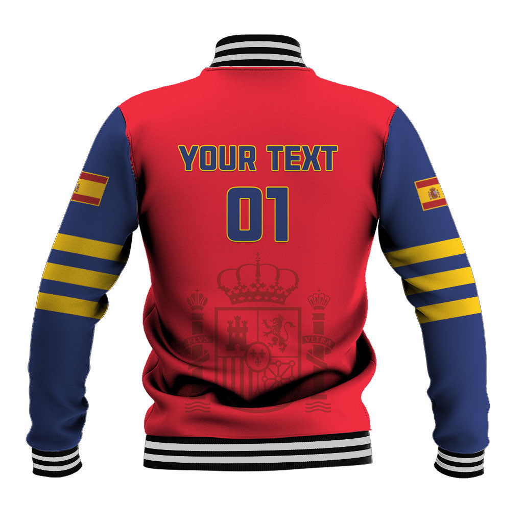 Red and navy varsity baseball jacket, striped collar and cuffs, back print with 01