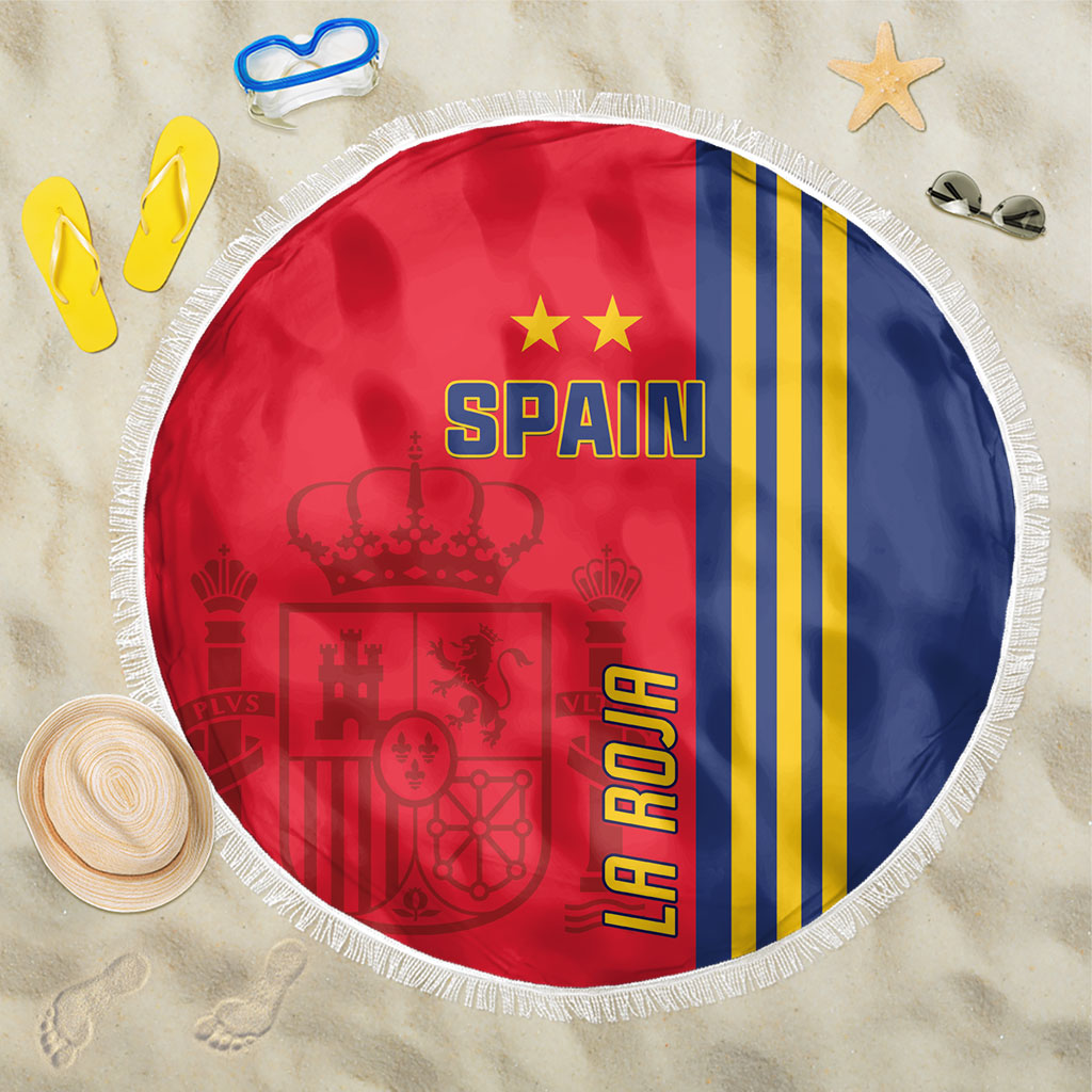Round Spain football beach blanket with fringe, red/blue/yellow stripes and SPAIN print