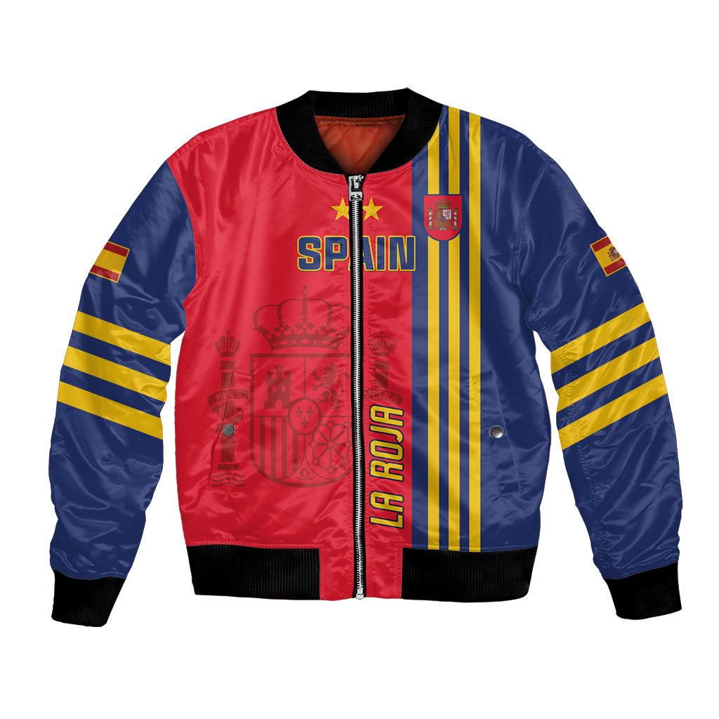 Unisex red and navy football bomber jacket, zip front, striped sleeves, ribbed cuffs