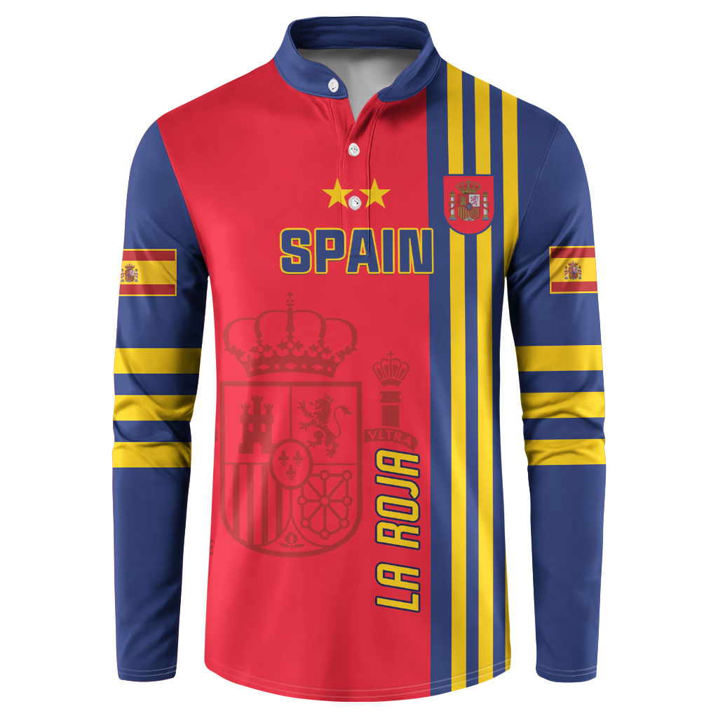 Red and navy Spain football button sweatshirt with 'SPAIN' logo and crest, striped sleeves