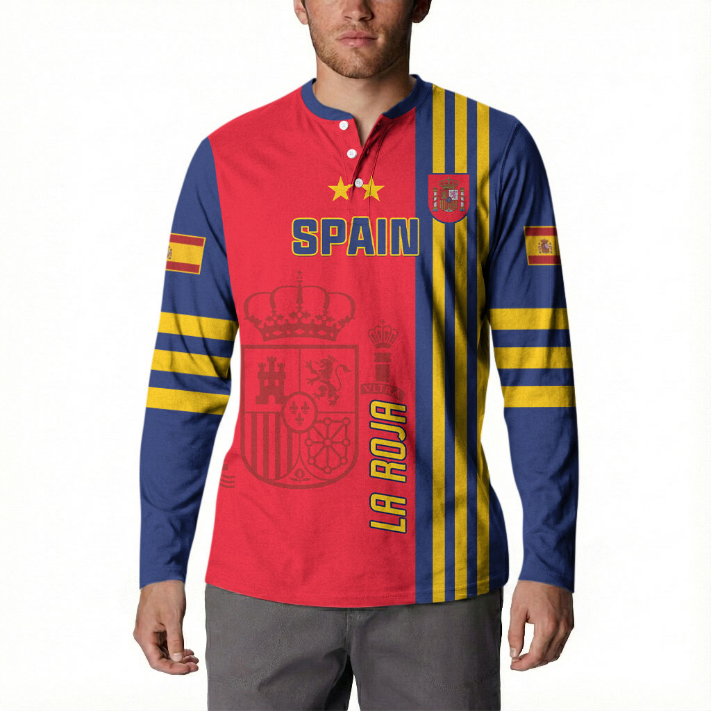 Red and navy Spain football button sweatshirt with button placket, 'SPAIN' and crest