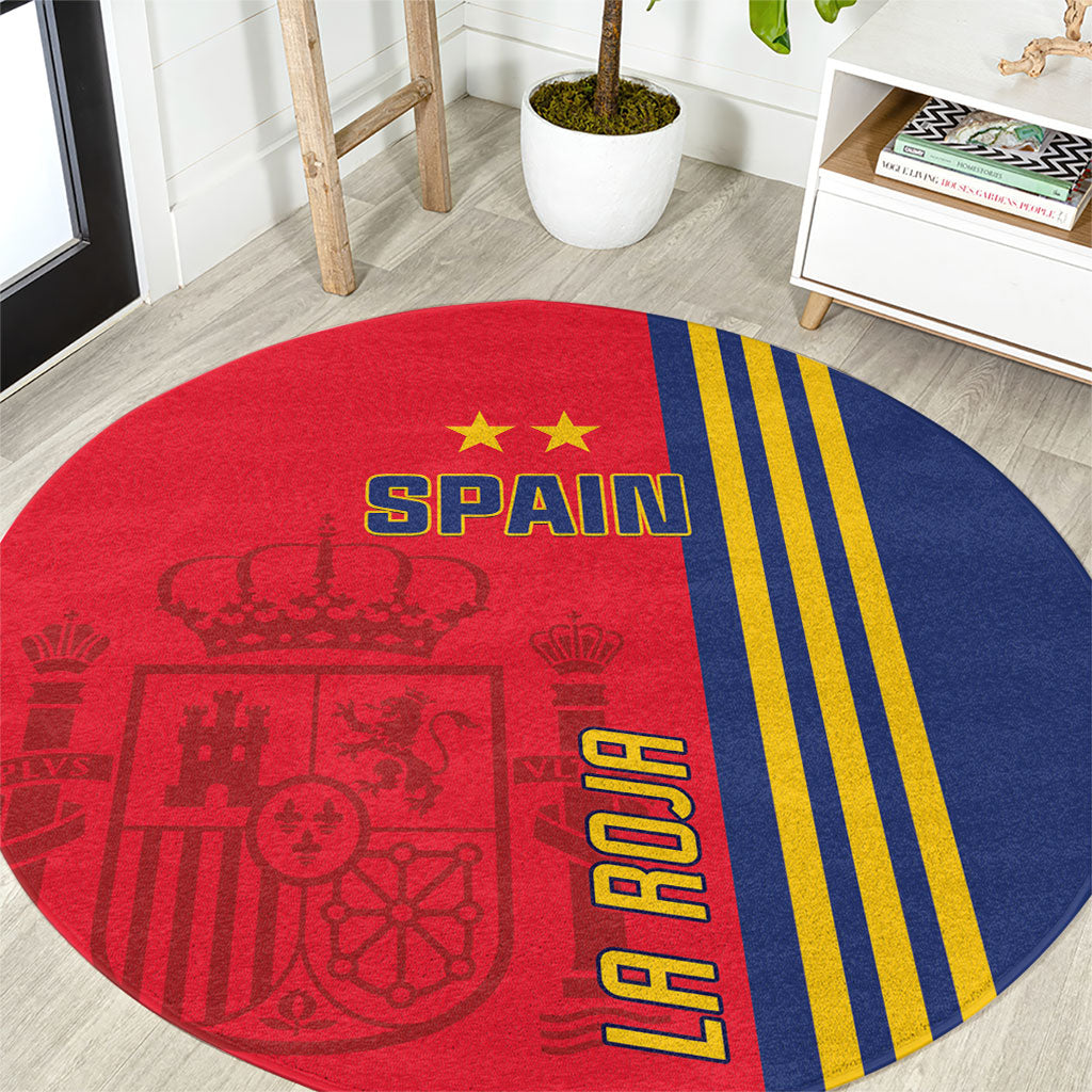 Round Spain flag carpet with red crest pattern, blue half, yellow stripes, and gold stars