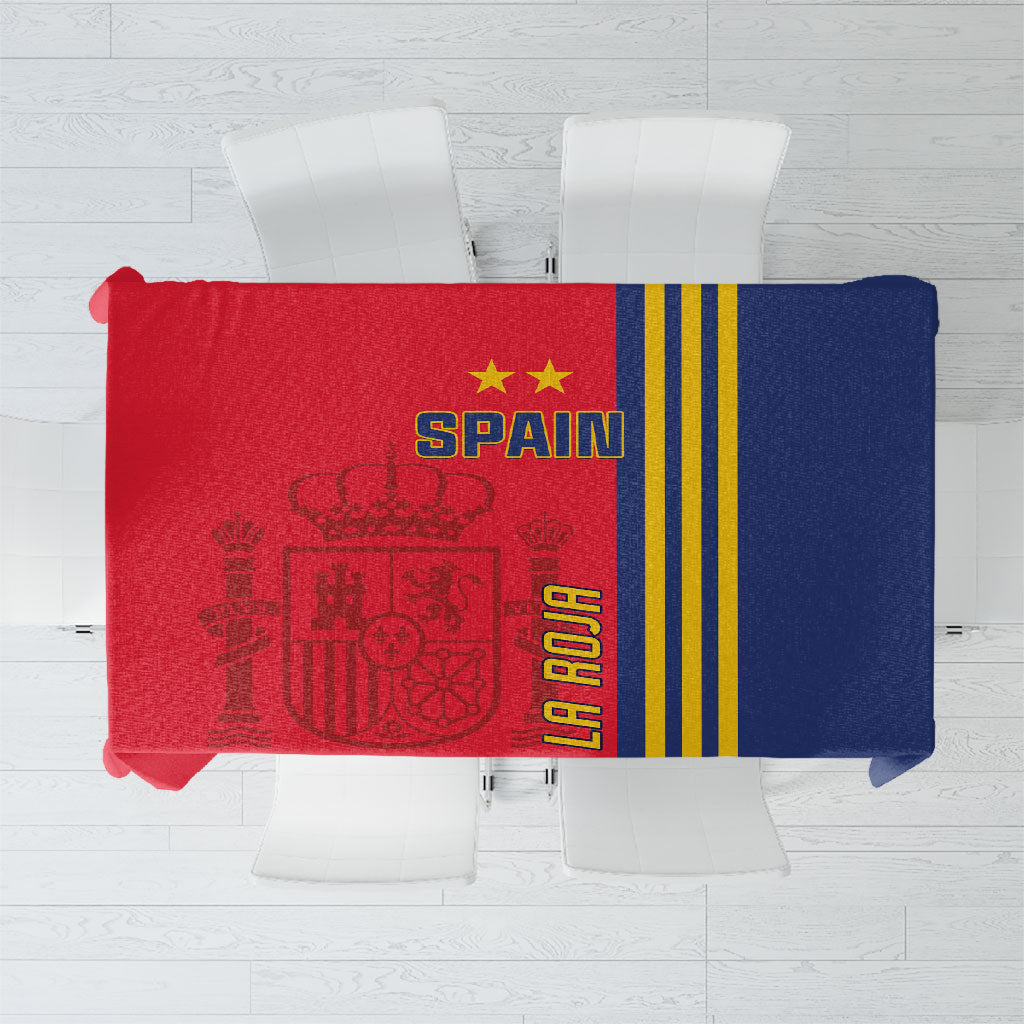 Folded Spain-themed football tablecloth showing red panel, navy panel, and yellow stripe