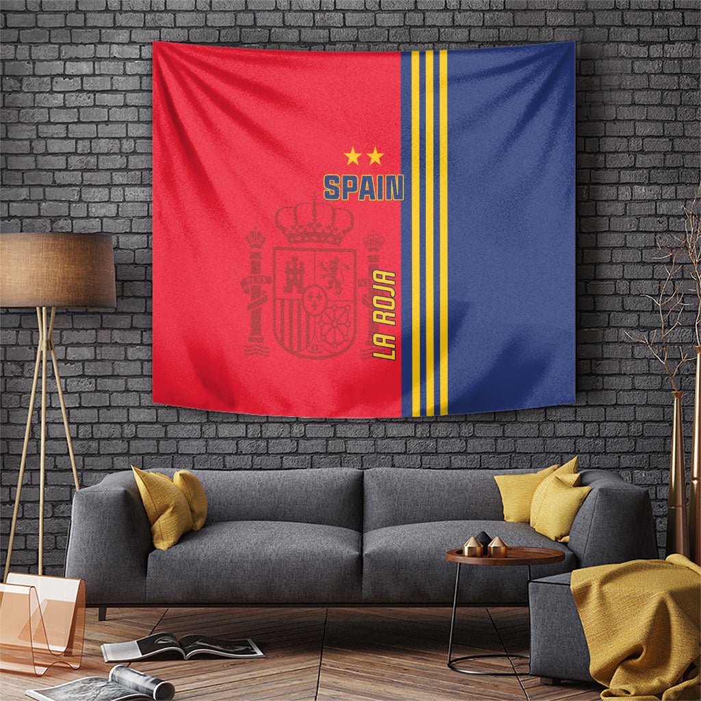 Spain flag-style football tapestry with red, blue, and yellow stripes and crest graphics