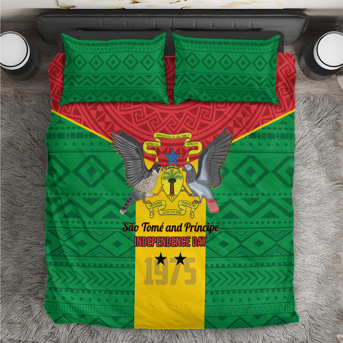 Sao Tome and Principe Independence Day bedding set with green, red, and yellow emblem cross design