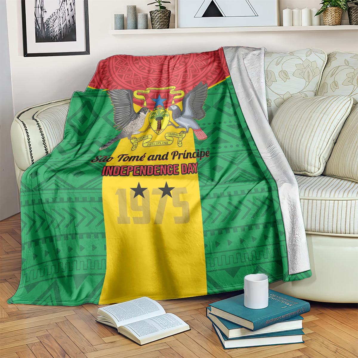 Sao Tome and Principe independence day blanket draped on couch, red top and green yellow design