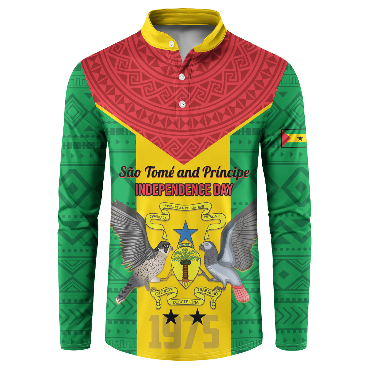 Men's button sweatshirt in green and red geometric pattern, yellow collar and 3-button placket