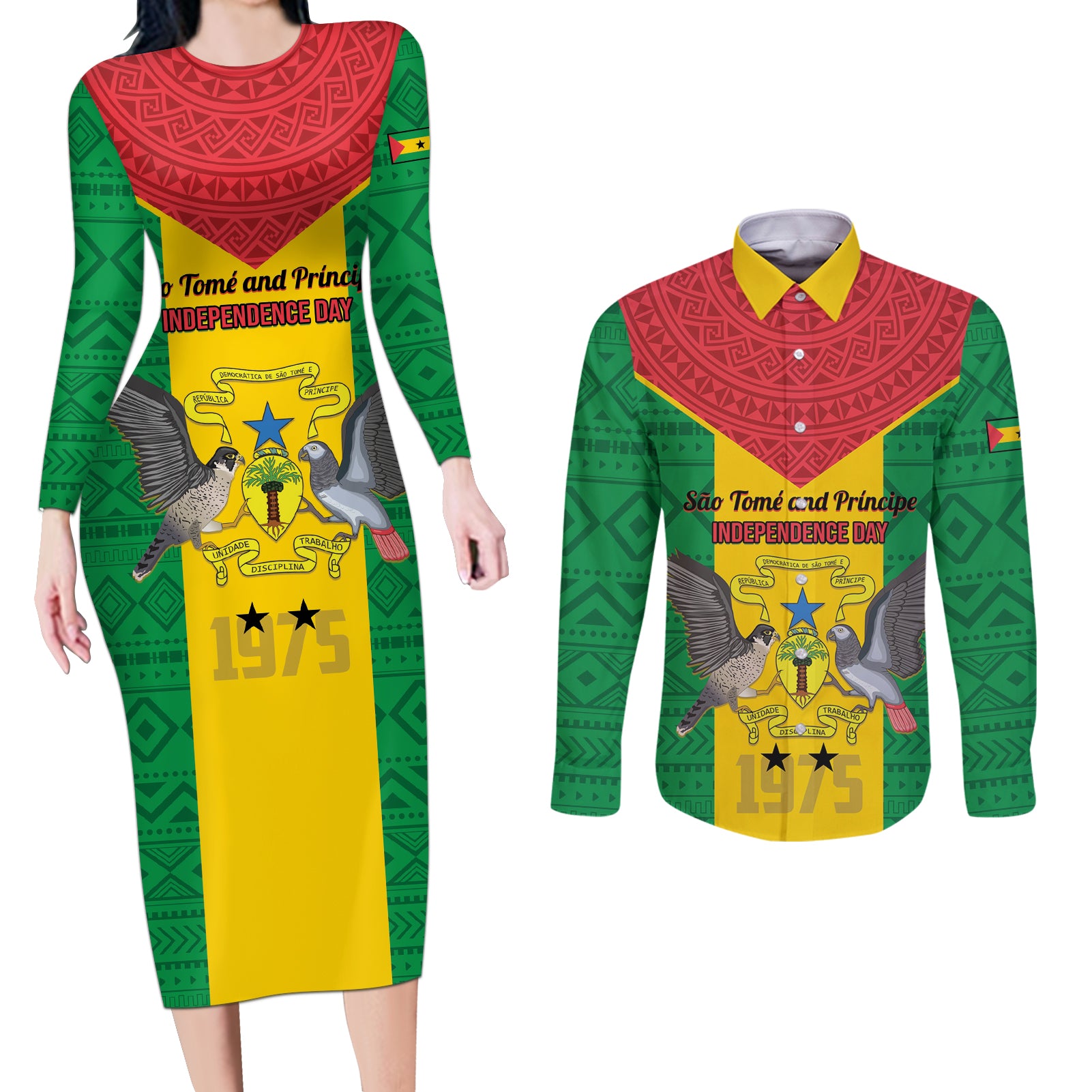 Sao Tome and Principe Independence Day Couples Matching Long Sleeve Bodycon Dress and Long Sleeve Button Shirt Coat Of Arms Mix African Pattern - Wonder Print Shop