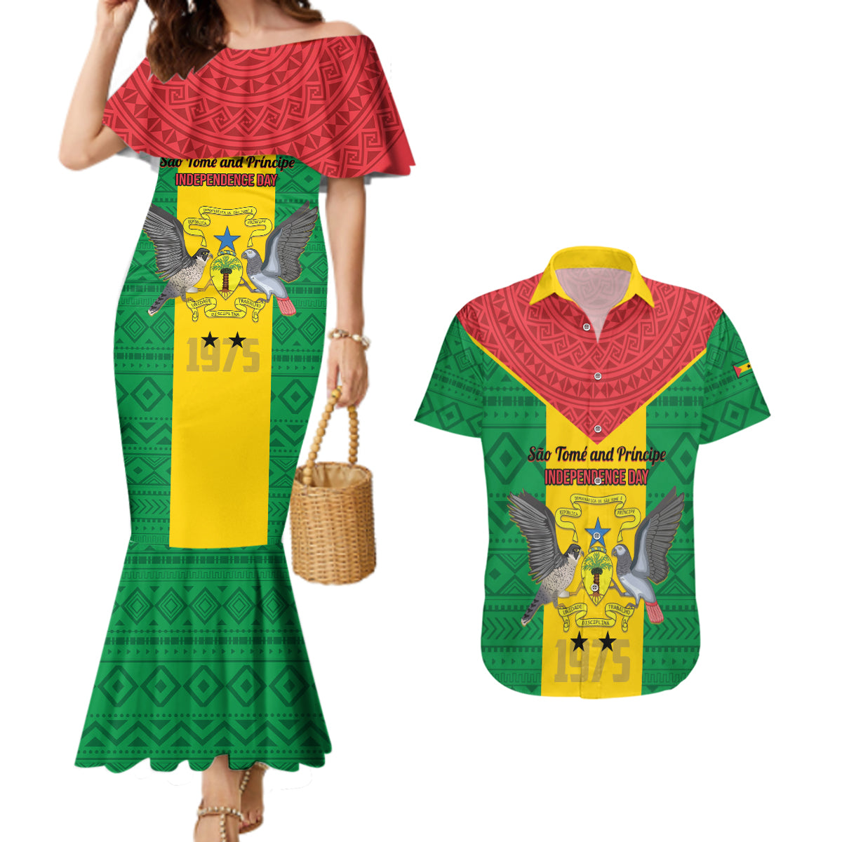 Sao Tome and Principe Independence Day Couples Matching Mermaid Dress and Hawaiian Shirt Coat Of Arms Mix African Pattern - Wonder Print Shop