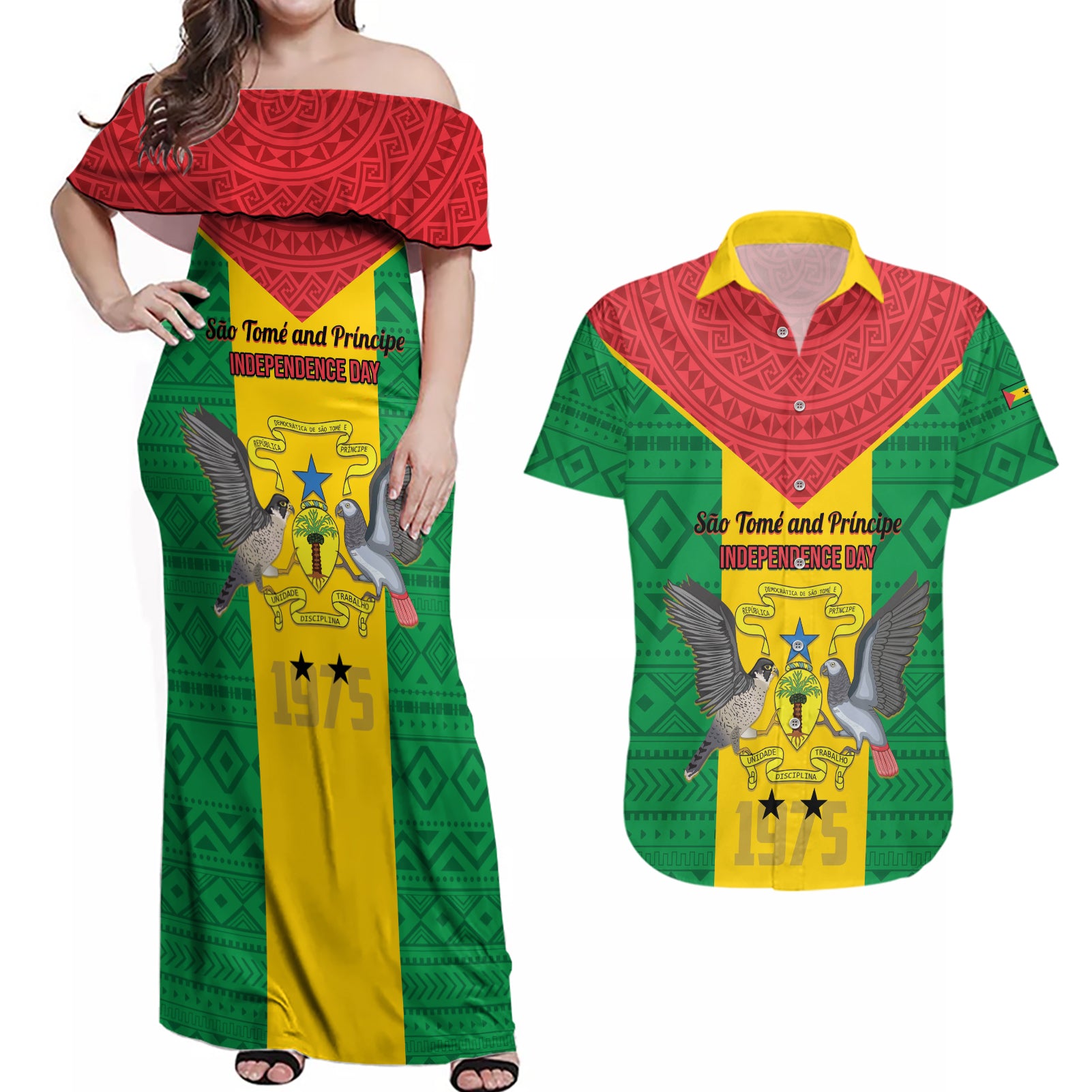 Sao Tome and Principe Independence Day Couples Matching Off Shoulder Maxi Dress and Hawaiian Shirt Coat Of Arms Mix African Pattern - Wonder Print Shop