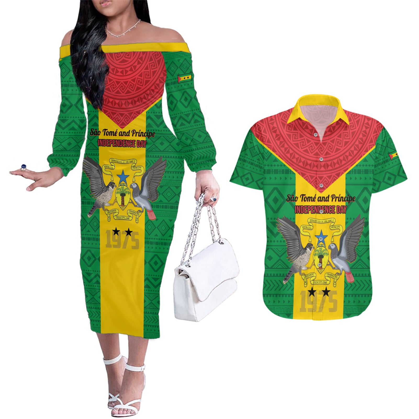 Sao Tome and Principe Independence Day Couples Matching Off The Shoulder Long Sleeve Dress and Hawaiian Shirt Coat Of Arms Mix African Pattern - Wonder Print Shop