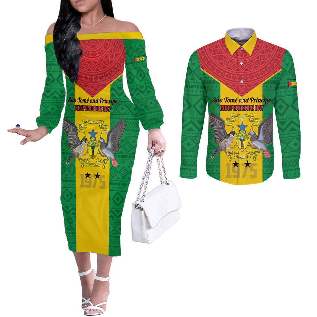 Sao Tome and Principe Independence Day Couples Matching Off The Shoulder Long Sleeve Dress and Long Sleeve Button Shirt Coat Of Arms Mix African Pattern