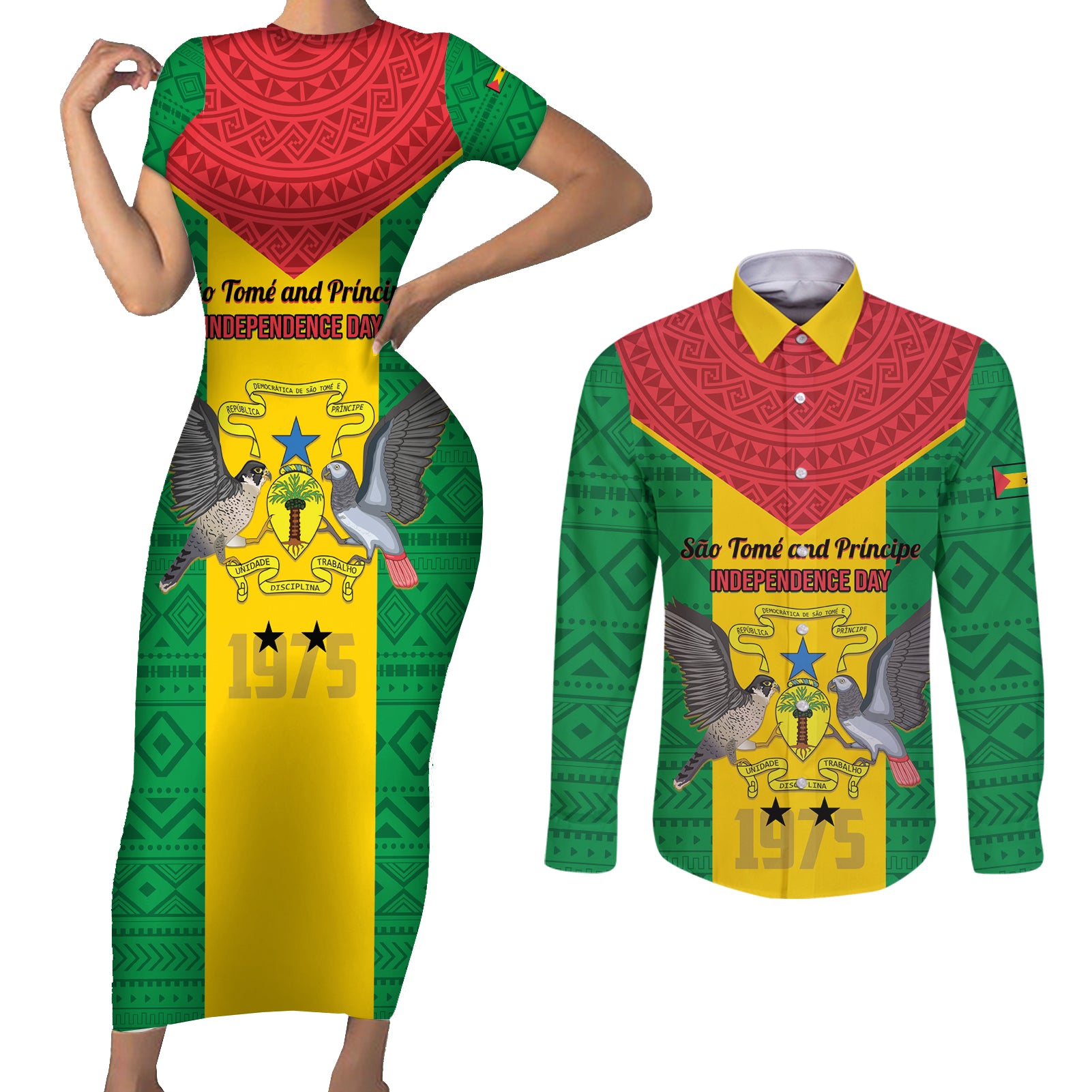 Sao Tome and Principe Independence Day Couples Matching Short Sleeve Bodycon Dress and Long Sleeve Button Shirt Coat Of Arms Mix African Pattern - Wonder Print Shop