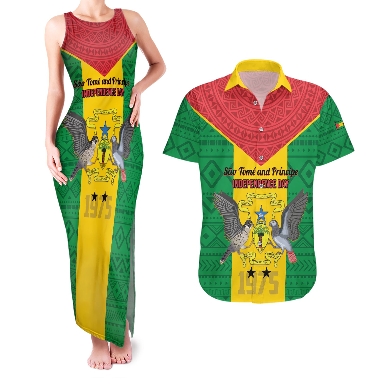 Sao Tome and Principe Independence Day Couples Matching Tank Maxi Dress and Hawaiian Shirt Coat Of Arms Mix African Pattern - Wonder Print Shop