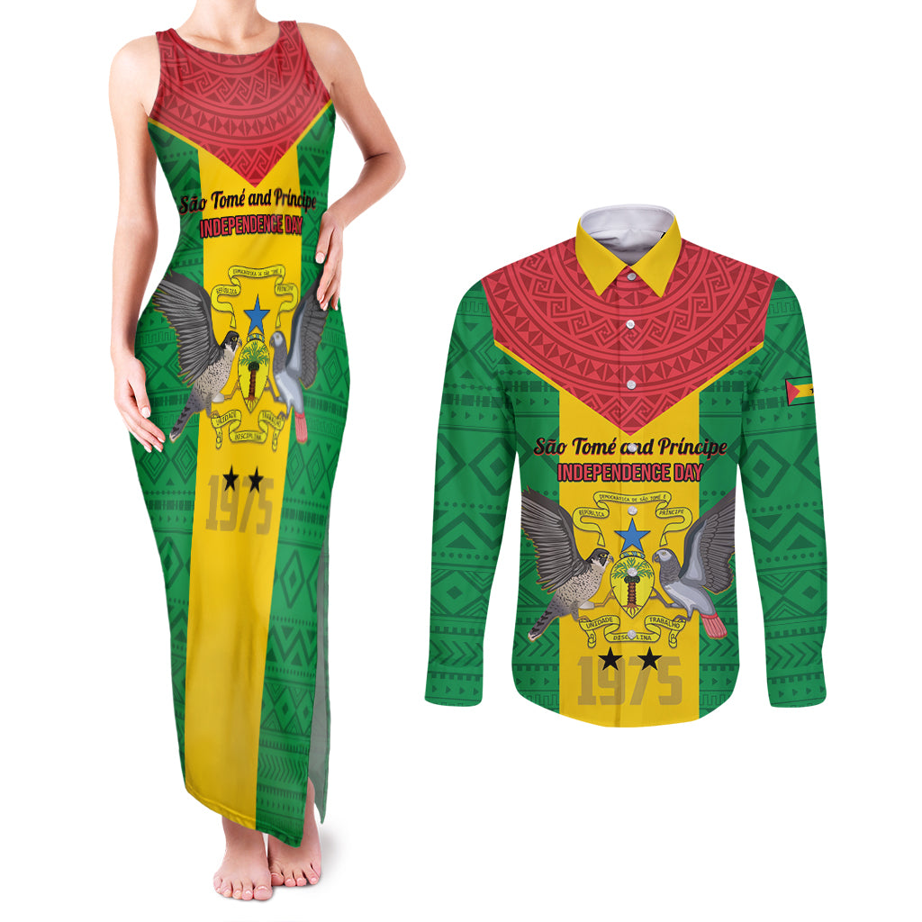 Sao Tome and Principe Independence Day Couples Matching Tank Maxi Dress and Long Sleeve Button Shirt Coat Of Arms Mix African Pattern - Wonder Print Shop