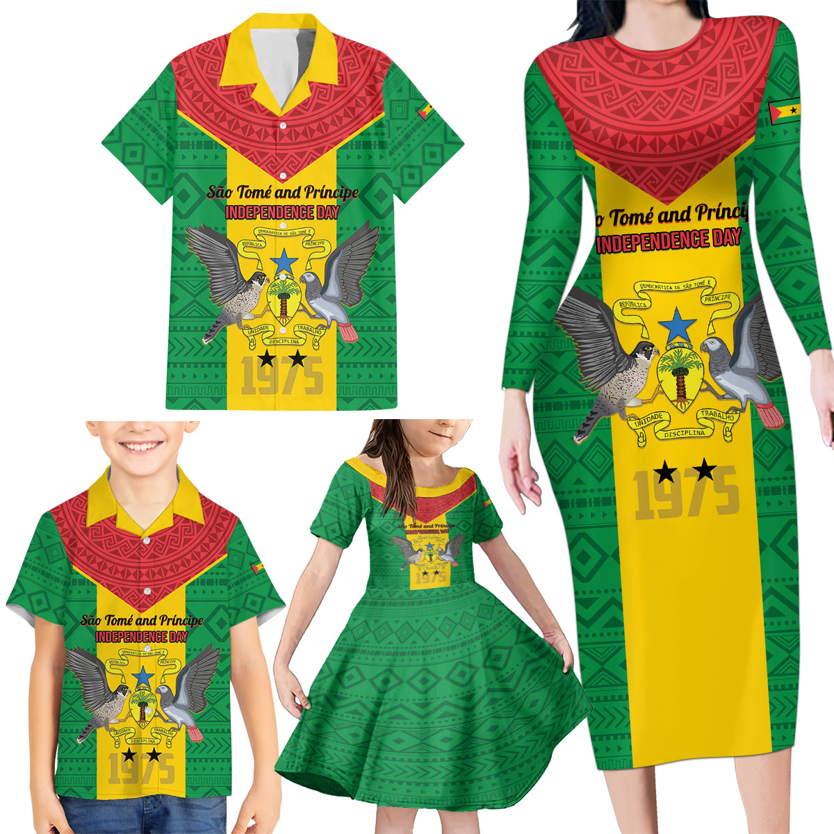 Sao Tome and Principe Independence Day Family Matching Long Sleeve Bodycon Dress and Hawaiian Shirt Coat Of Arms Mix African Pattern - Wonder Print Shop