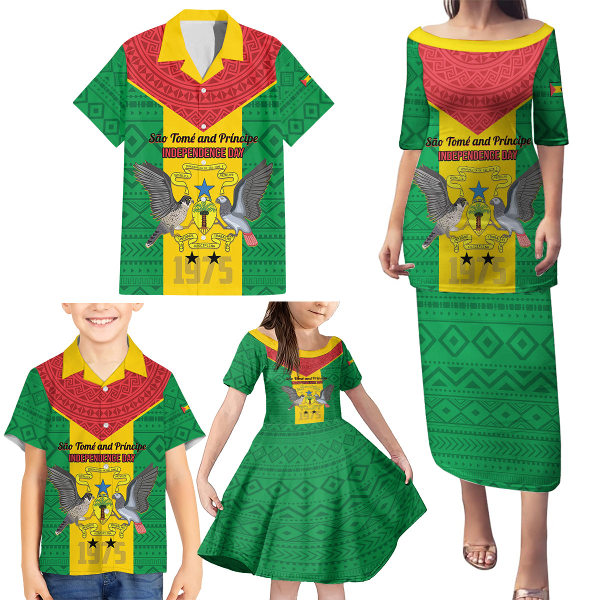 Sao Tome and Principe Independence Day Family Matching Puletasi and Hawaiian Shirt Coat Of Arms Mix African Pattern - Wonder Print Shop