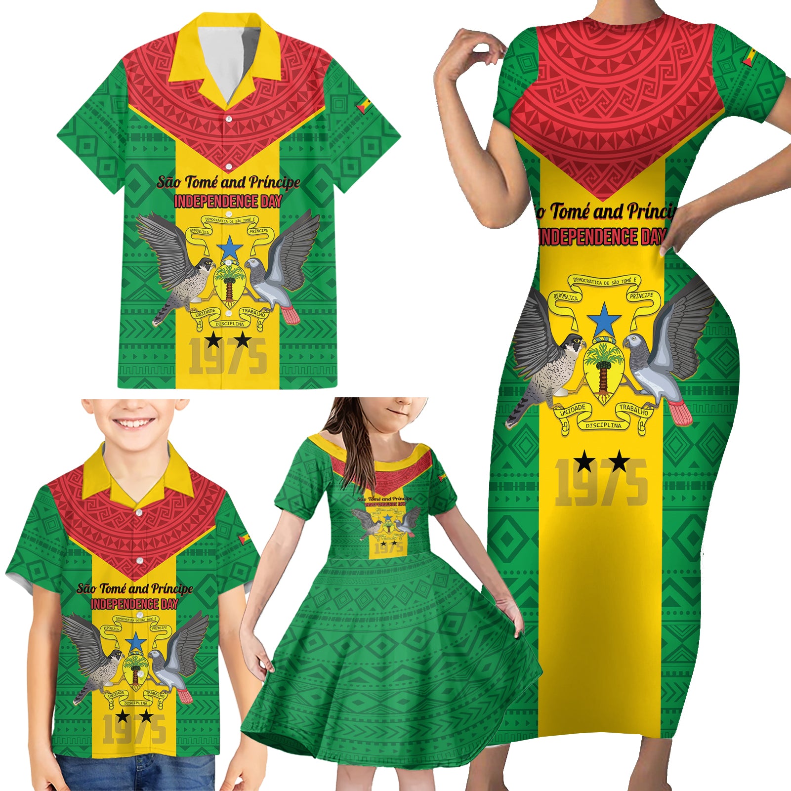 Sao Tome and Principe Independence Day Family Matching Short Sleeve Bodycon Dress and Hawaiian Shirt Coat Of Arms Mix African Pattern - Wonder Print Shop