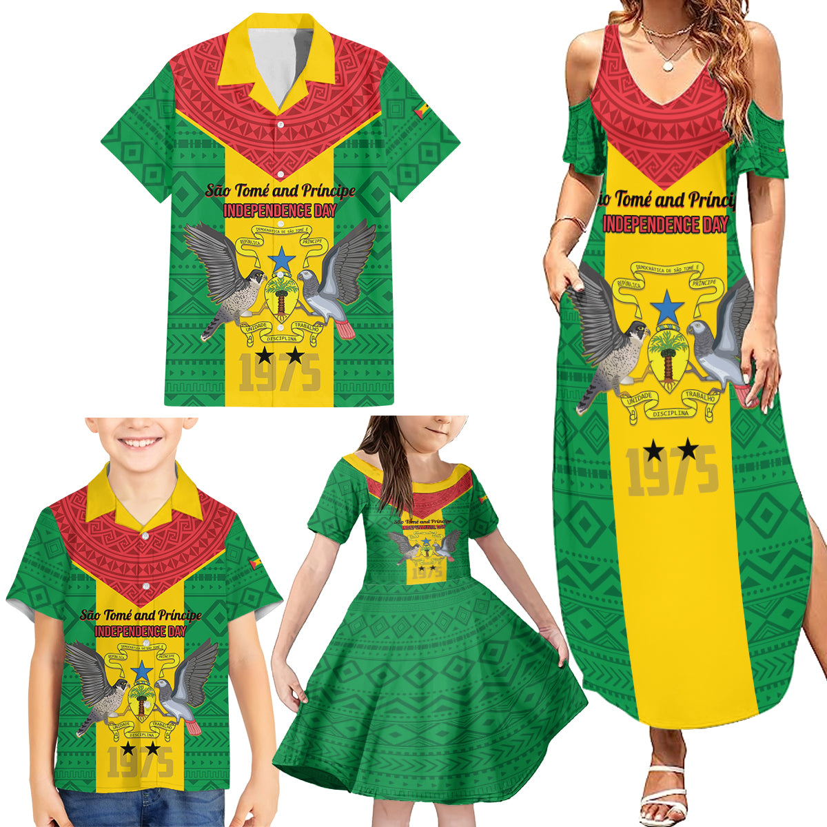 Sao Tome and Principe Independence Day Family Matching Summer Maxi Dress and Hawaiian Shirt Coat Of Arms Mix African Pattern - Wonder Print Shop