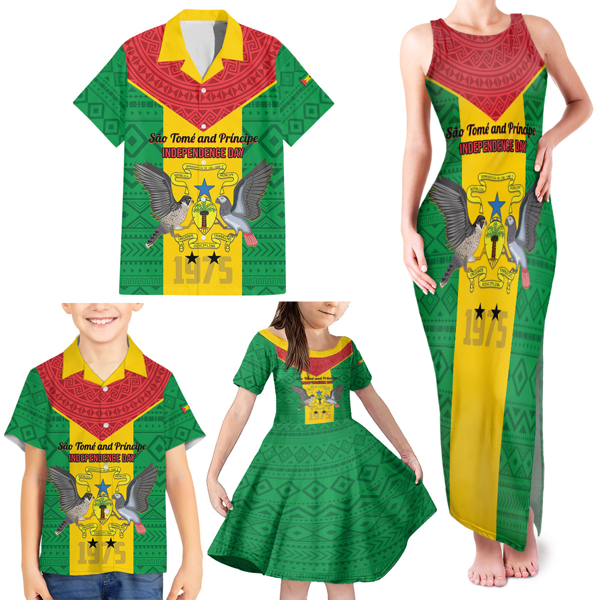 Sao Tome and Principe Independence Day Family Matching Tank Maxi Dress and Hawaiian Shirt Coat Of Arms Mix African Pattern - Wonder Print Shop