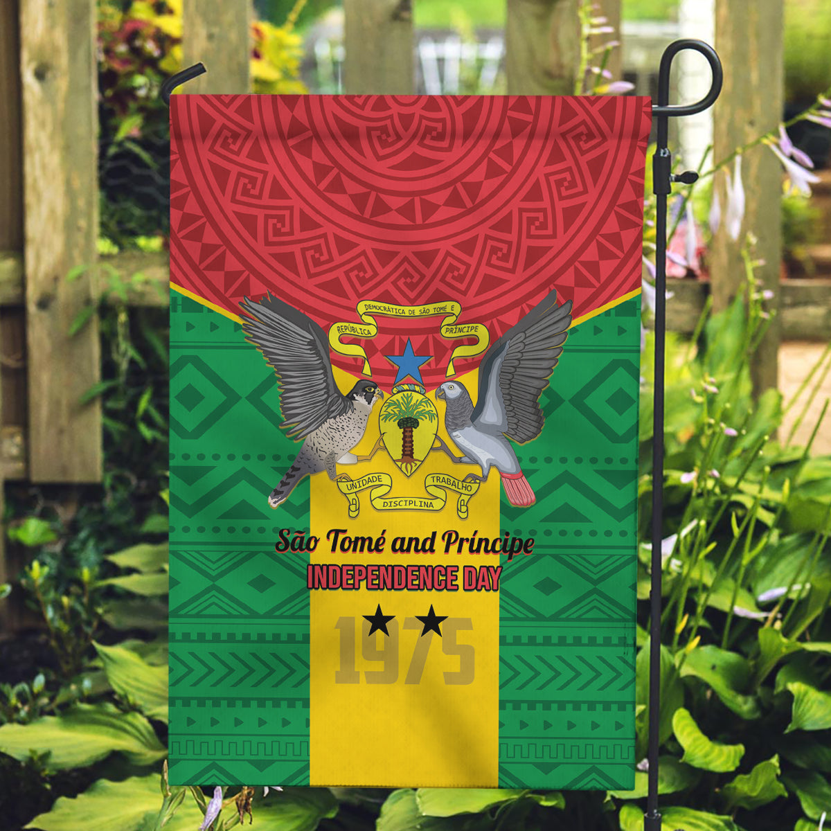 Sao Tome and Principe Independence Day Garden Flag Coat Of Arms Mix African Pattern - Wonder Print Shop